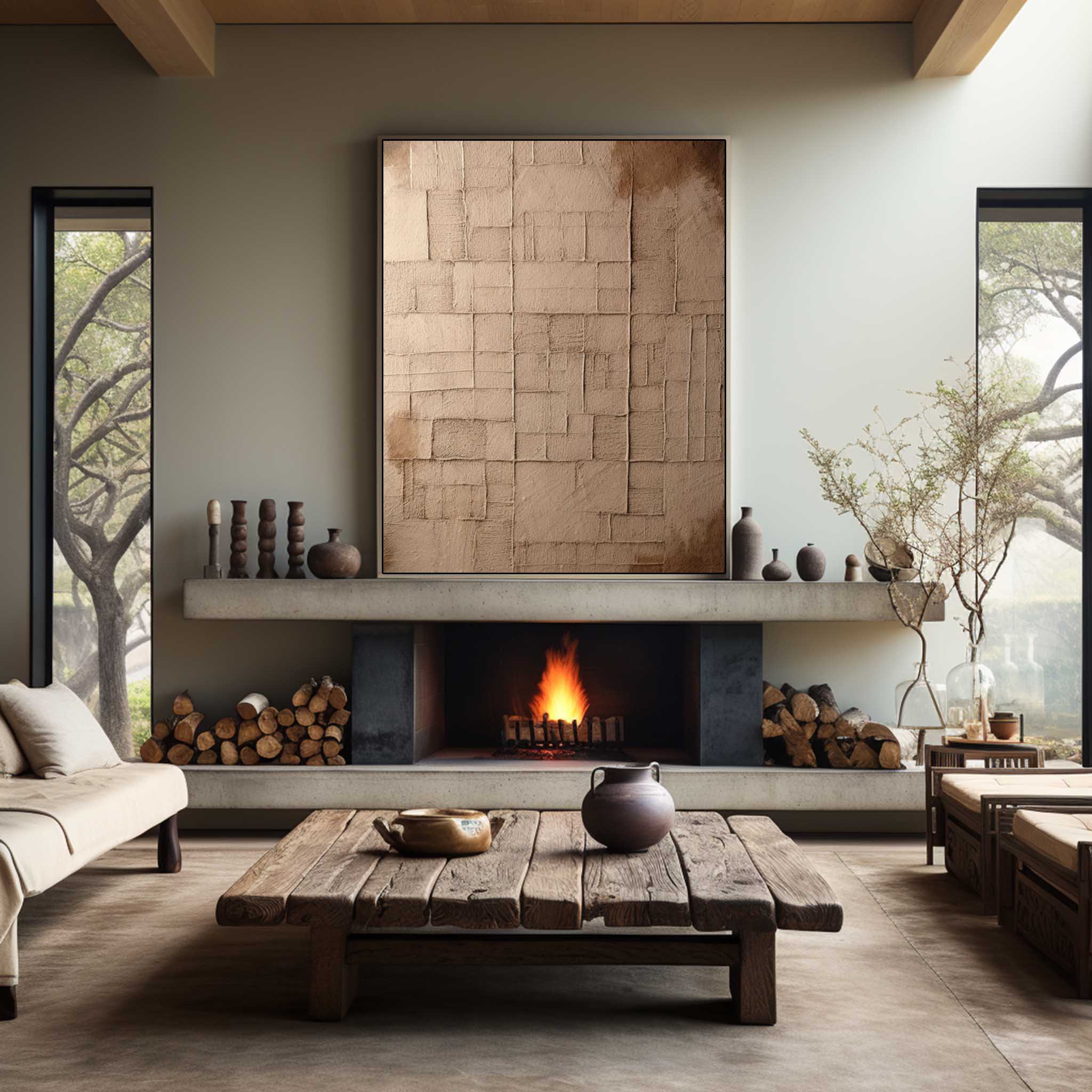 wabisabi art, Wabi-Sabi Art in serene living room with abstract painting and rustic décor.