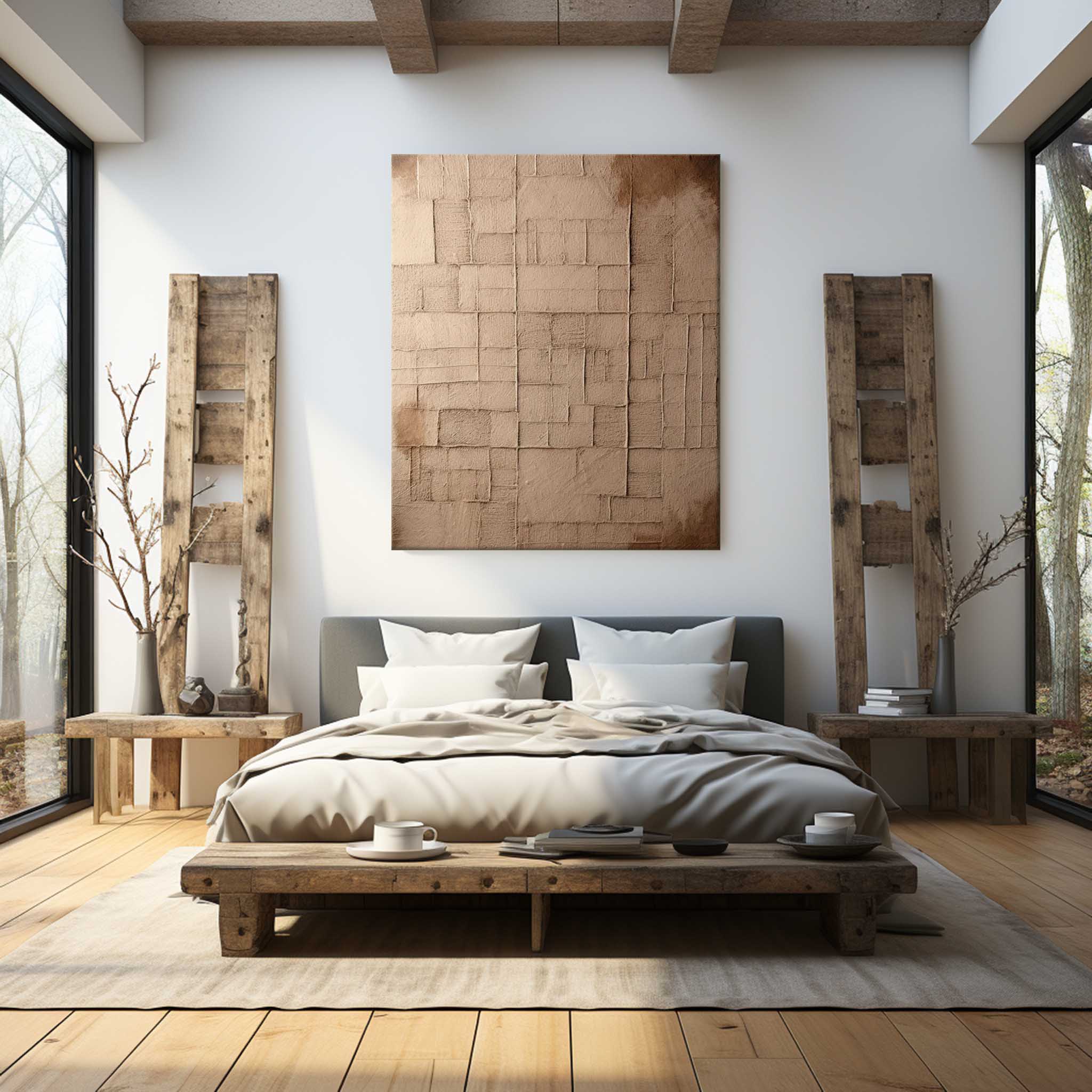 wabisabi art, Serene Wabi-Sabi Art-inspired bedroom with natural light and forest view